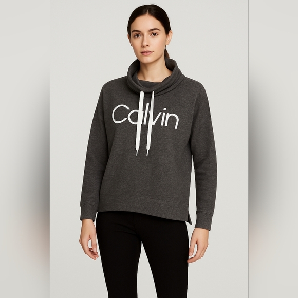 Calvin Klein Women’s Gray Cowl Neck Pullover Sweatshirt – Cozy Logo Sweater - Picture 1 of 7